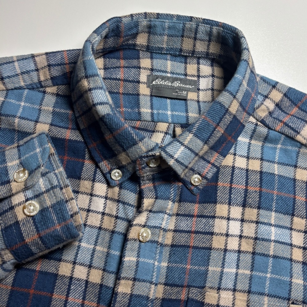 Eddie Bauer Flannel Plaid Midweight Blue Tan‎ Mens M